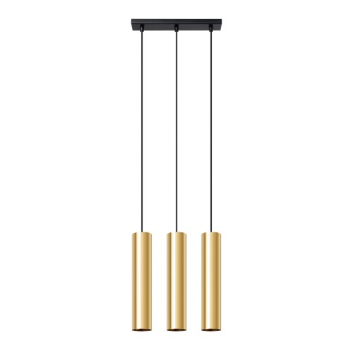 Nowoczesna lampa wisząca w kolorze złoty połysk z trzema kloszami GU10 to eleganckie oświetlenie do salonu, jadalni i kuchni. Smukłe tuby oraz minimalistyczna forma doskonale wpisują się w aranżacje glamour, loftowe i modern.