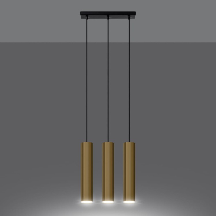 Minimalistyczna lampa wisząca 3xGU10 w kolorze złoty połysk doskonale sprawdzi się w salonie, kuchni lub jadalni. Smukłe cylindryczne klosze nadają wnętrzu elegancki wygląd i tworzą wyjątkowy klimat świetlny.