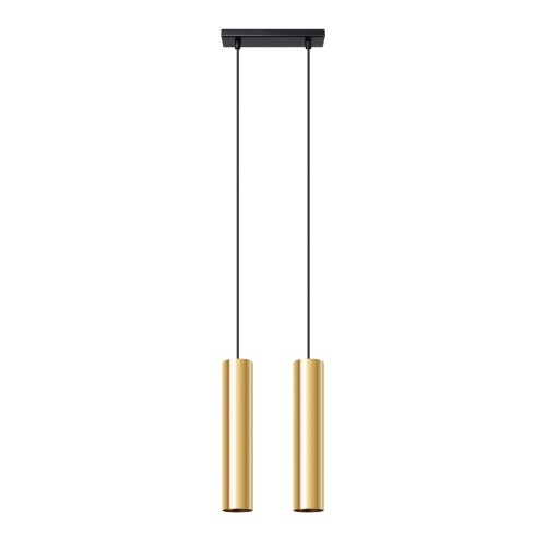 Nowoczesna lampa wisząca w kolorze złoty połysk z dwoma kloszami GU10 to eleganckie oświetlenie do salonu, jadalni i kuchni. Smukłe tuby oraz minimalistyczna forma doskonale wpisują się w aranżacje glamour, loftowe i modern.