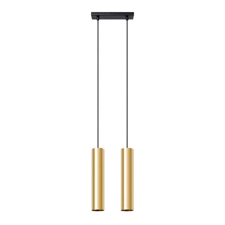 Nowoczesna lampa wisząca w kolorze złoty połysk z dwoma kloszami GU10 to eleganckie oświetlenie do salonu, jadalni i kuchni. Smukłe tuby oraz minimalistyczna forma doskonale wpisują się w aranżacje glamour, loftowe i modern.