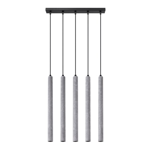 Lampa wisząca PASTELO 5L Sollux wykonana z naturalnego betonu to idealne oświetlenie nad stół, wyspę kuchenną i barek. Pięć smukłych tub z oprawkami G9 tworzy efektowną kompozycję w stylu loftowym, industrialnym i nowoczesnym.