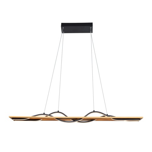 Lampa wisząca CONATO 35W LED łączy czarny metal z naturalnym drewnem sosnowym. Podłużna oprawa o długości 98 cm sprawdzi się nad stołem, wyspą i barkiem. Zapewnia 1800 lm oraz ciepłe światło 3000K. Gwarancja 5 lat.