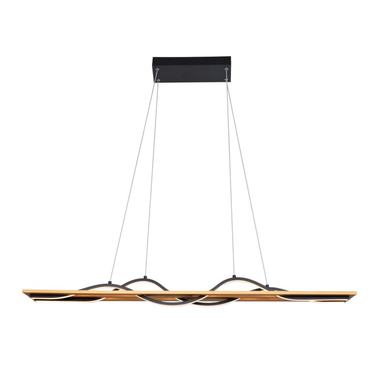 Lampa wisząca CONATO 35W LED łączy czarny metal z naturalnym drewnem sosnowym. Podłużna oprawa o długości 98 cm sprawdzi się nad stołem, wyspą i barkiem. Zapewnia 1800 lm oraz ciepłe światło 3000K. Gwarancja 5 lat.