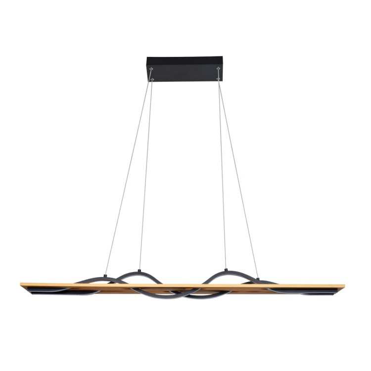 Lampa LED CONATO 98 cm łączy aluminium, stal i naturalne drewno sosnowe. Czarno-brązowa oprawa z falującymi liniami światła zapewnia 1800 lm, ciepłą barwę 3000K i szeroki kąt świecenia 120°. Idealna nad długi stół lub wyspę.