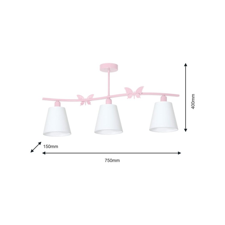 Lampa ALICE PINK Milagro łączy funkcjonalność z subtelnym designem. Białe abażury równomiernie rozpraszają światło, a różowy stelaż z motylami podkreśla wyjątkowy charakter pokoju dziewczynki. Idealna do codziennego użytkowania.