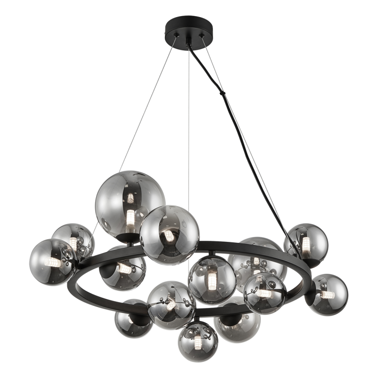Lampa wisząca MILA 14xG9 Milagro ML0334 to nowoczesny żyrandol z efektownymi dymionymi kloszami w formie szklanych kul. Czarna metalowa konstrukcja nadaje lampie elegancji i doskonale pasuje do salonu, jadalni.