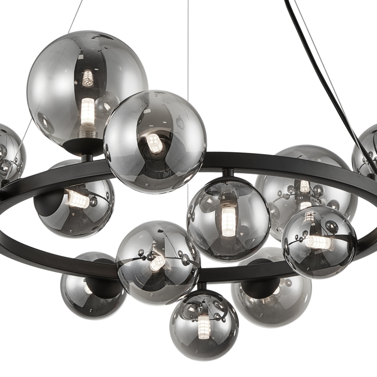 Designerska lampa sufitowa MILA 14xG9 Milagro ML0334 z dymionymi kloszami to eleganckie oświetlenie do nowoczesnych wnętrz. Czarna metalowa oprawa i szklane kule tworzą efektowną kompozycję świetlną idealną do salonu, jadalni lub dużego holu.