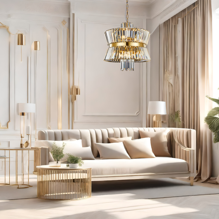 Żyrandol AURELIA złoty z kryształami to elegancka lampa sufitowa do salonu i jadalni. Kryształowe elementy pięknie rozpraszają światło, tworząc luksusowy efekt wizualny.