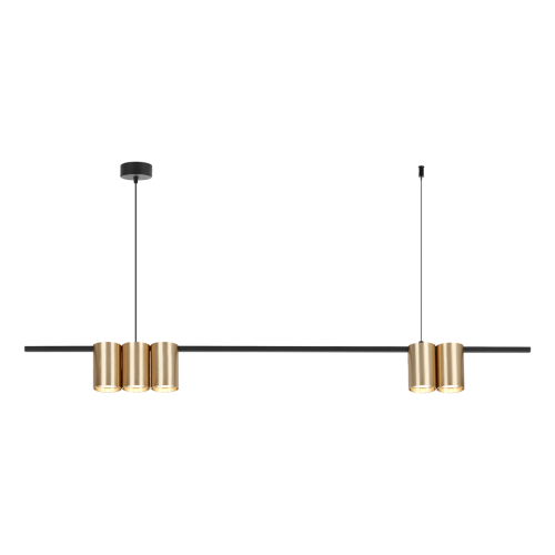 Lampa wisząca GENESIS ML0369 Milagro zachwyca połączeniem czerni i złota. Pięć tub GU10 na listwie 100 cm zapewnia funkcjonalne oświetlenie stołu, wyspy lub barku. Regulowana wysokość: 20–180 cm. Żarówki nie są dołączone.