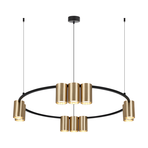 Lampa wisząca GENESIS ML0375 Milagro łączy czarny pierścień z 10 złotymi tubami GU10. Średnica 60 cm i regulowana wysokość 20–180 cm sprawdzą się nad okrągłym stołem, wyspą lub barkiem.
