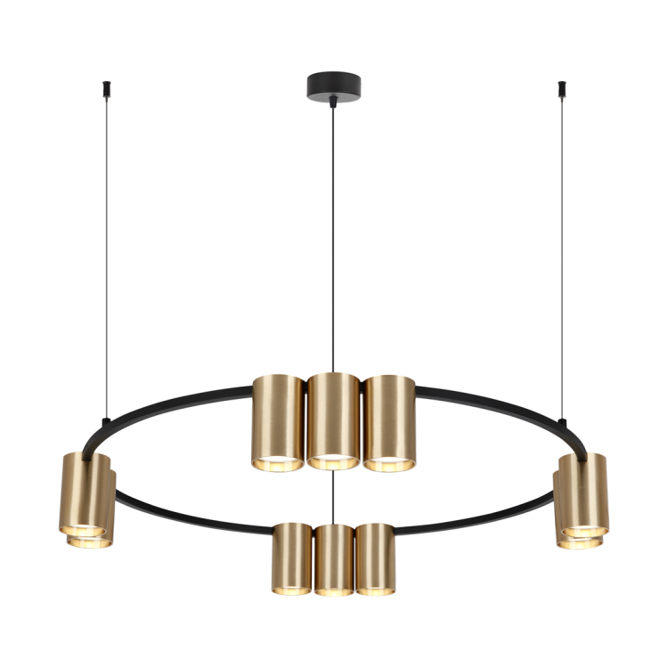 Lampa wisząca GENESIS ML0375 Milagro łączy czarny pierścień z 10 złotymi tubami GU10. Średnica 60 cm i regulowana wysokość 20–180 cm sprawdzą się nad okrągłym stołem, wyspą lub barkiem.