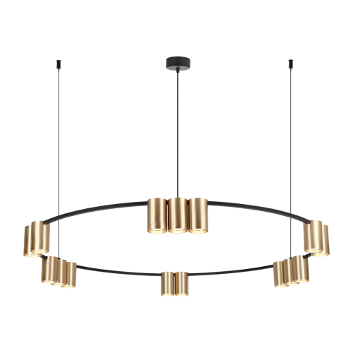 Lampa wisząca GENESIS ML0378 Milagro łączy czarny pierścień ze złotymi tubami. Średnica 100 cm, 15 opraw GU10 i wysokość regulowana 20–180 cm. Idealna nad duży stół, wyspę lub barek.