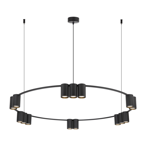 Lampa wisząca GENESIS ML0376 Milagro w czarnym kolorze. Okrągła konstrukcja Ø100 cm, 15 opraw GU10 i regulowana wysokość 20–180 cm. Nowoczesne oświetlenie nad duży stół, wyspę kuchenną lub barek.