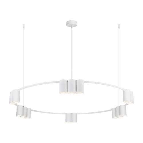 Biała lampa wisząca GENESIS ML0377 Milagro ma 15 opraw GU10 i średnicę 100 cm. Regulowana wysokość 20–180 cm pozwala zamontować ją nad dużym stołem, wyspą kuchenną, barkiem lub w przestronnym salonie.
