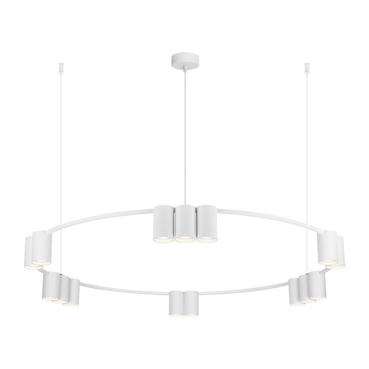 Biała lampa wisząca GENESIS ML0377 Milagro ma 15 opraw GU10 i średnicę 100 cm. Regulowana wysokość 20–180 cm pozwala zamontować ją nad dużym stołem, wyspą kuchenną, barkiem lub w przestronnym salonie.