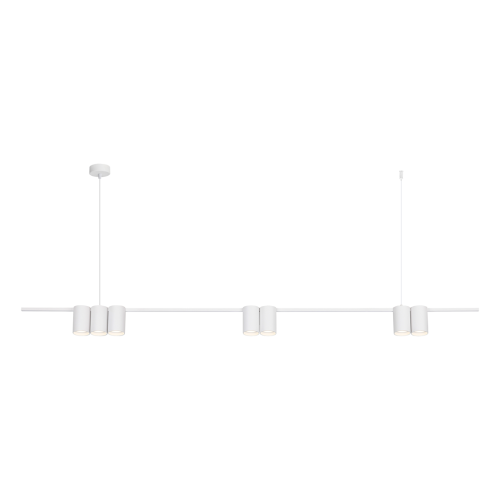 Biała lampa wisząca GENESIS ML0371 Milagro ma długość 150 cm i 7 opraw GU10 w układzie 3–2–2. Regulowana wysokość 20–180 cm sprawdzi się nad długim stołem, wyspą kuchenną lub barkiem.