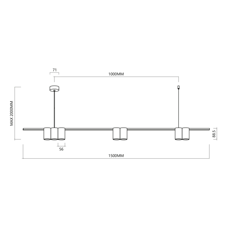 Biała lampa sufitowa GENESIS ML0371: 7 opraw GU10, długość 150 cm i wysokość regulowana od 20 do 180 cm. Minimalistyczna forma pasuje do kuchni i jadalni w stylu nowoczesnym, skandynawskim lub japandi.