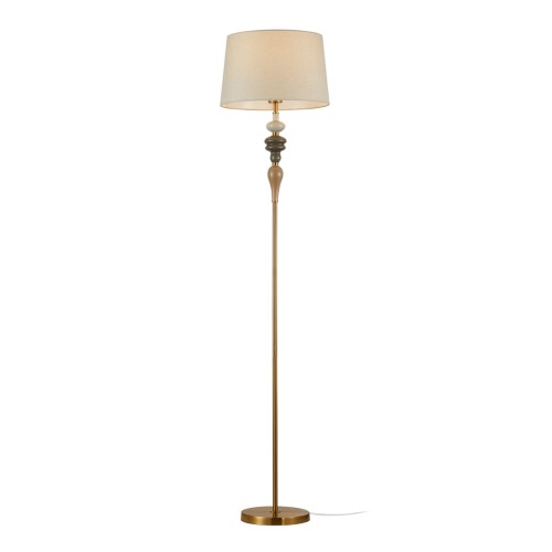 Lampa podłogowa MOREN Italux FL-84678A-AB łączy antyczny brąz, morelowe detale i jasny abażur z tkaniny. Ma 157 cm wysokości, średnicę 34 cm, gwint E27 i włącznik na przewodzie. Idealna do salonu, sypialni, gabinetu i kącika czytelniczego. Klasa i wygoda.