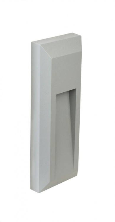 Lampa elewacyjna Mur PC 2502B w kolorze popielatym to stylowe i trwałe oświetlenie zewnętrzne. Zdjęcie przedstawia kompaktową, natynkową oprawę LED o mocy 1,5W, idealną do podświetlenia elewacji, schodów lub ogrodzenia. Wysoka szczelność IP65