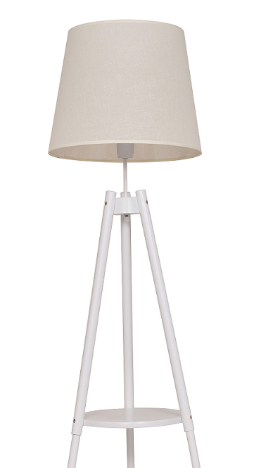 Lampa podłogowa TRIO Venti S-102076 w kolorze białym z abażurem z tkaniny. Trójnóg z praktyczną półką, wysokość 153 cm, abażur 28 cm. Źródło światła 1x E27 60W (brak w zestawie, możliwość LED). Włącznik nożny, gwarancja 2 lata