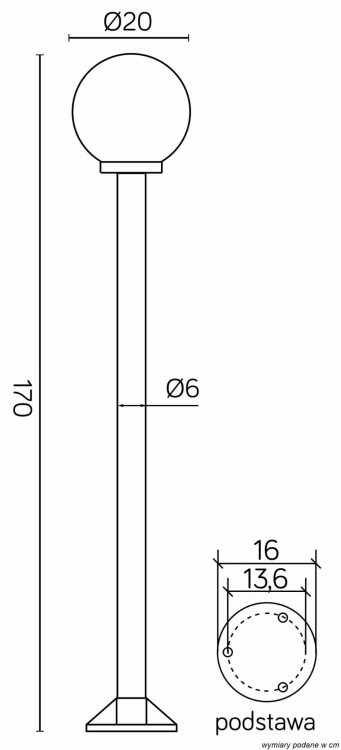 KULA 170 cm – stojąca lampa ogrodowa z czarnym słupkiem i kloszem białym lub przydymionym. Podstawa z termoplastiku, rura ze stali galwanizowanej pokrytej termoplastikiem, klosz PMMA. Średnica 20 cm, 1×E27 maks. 100 W, IP43.