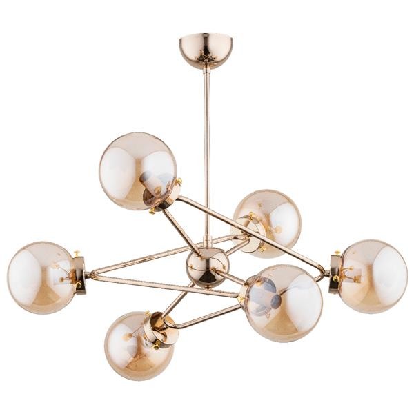 Stylowa lampa sufitowa RESTO z 6 bursztynowymi kulami łączy metalową konstrukcję w odcieniu złota i miedzi z dekoracyjnym szkłem. Idealna do wnętrz glamour, modern classic i nowoczesnych aranżacji.