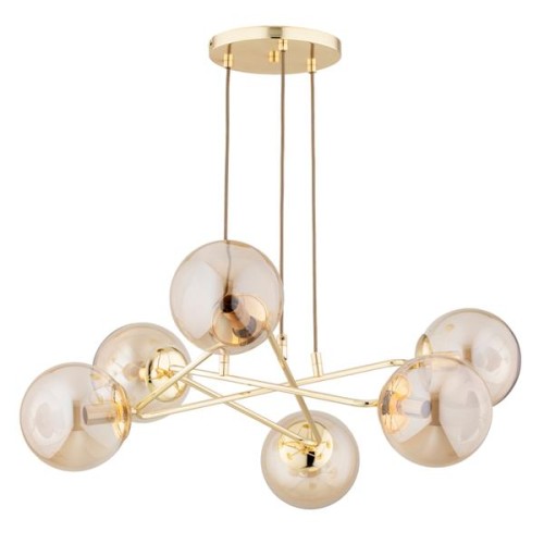 Lampa sufitowa TRISTAN Alfa 63248 – złota oprawa i sześć bursztynowych szklanych kul. Do salonu, jadalni i nad wyspę kuchenną. Szerokość 65 cm, wysokość 62 cm, 6×E14 max 10 W każda, IP20. Elegancki akcent do nowoczesnych wnętrz.