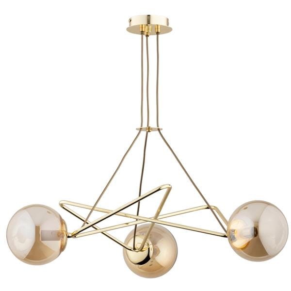 Lampa sufitowa TRISTAN Alfa 62343 – złota konstrukcja i trzy bursztynowe szklane kule. Eleganckie oświetlenie do salonu, jadalni i nad wyspę kuchenną. Szerokość 60 cm, wysokość 58 cm, 3×E14 max 10 W każda, IP20.
