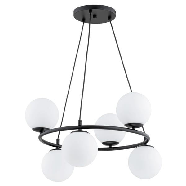 Lampa wisząca RINGO Alfa 63246 łączy czarne koło z sześcioma białymi kloszami ze szkła. Model 6×E14 max 10 W na żarówkę ma średnicę 62 cm i wysokość 66 cm. Pasuje nad stół w jadalni i także do nowoczesnego salonu. Metalowa armatura, IP20, zasilanie 230 V.