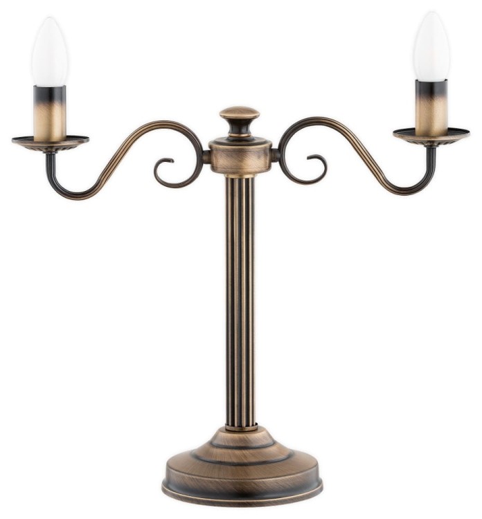 VELITA 2xE14 patyna Lemir to elegancka lampa stołowa o wymiarach 50 × 16 × 55 cm. Klasyczna forma świecznika i dwa dekoracyjne ramiona efektownie prezentują się z filamentowymi żarówkami w kształcie płomyka.