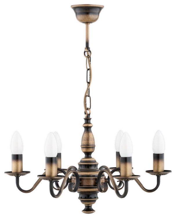 Żyrandol VELITA 6xE14 patyna Lemir to klasyczna lampa świecznikowa o średnicy 50 cm. Sześć ramion, stalowa konstrukcja i podział świecenia 3+3 zapewniają elegancki wygląd oraz możliwość dopasowania liczby włączonych żarówek.