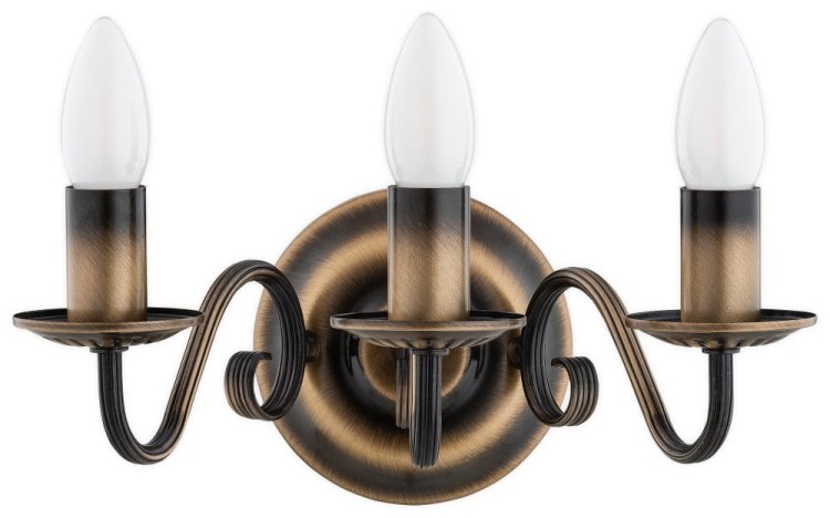 Kinkiet VELITA 3xE14 marki Lemir łączy klasyczną formę świecznika ze stylowym kolorem patyny. Stalowa lampa ma 30 cm szerokości, 25 cm wysokości i 23 cm głębokości. Żarówki należy dokupić osobno.