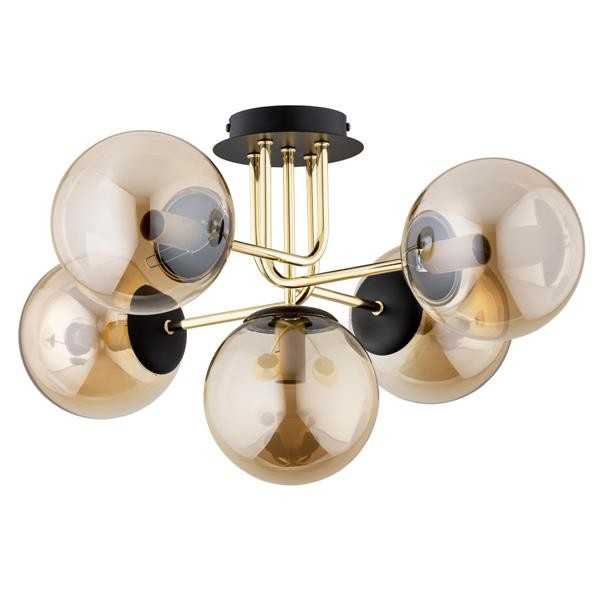Lampa sufitowa BOSS 5xE14 Alfa w kolorze czarnym i złotym z bursztynowymi kloszami w formie kul. Designerski plafon wykonany z metalu i szkła, o średnicy 65 cm i wysokości 33 cm. Wyposażony w pięć opraw E14 do 10W, idealny do salonu, sypialni i jadalni.