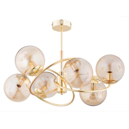 Lampa sufitowa WIROMAT 6xE14 Alfa 63219 łączy złotą, fantazyjnie wygiętą oprawę z sześcioma szklanymi kloszami amber. Efektowne oświetlenie do salonu, jadalni, sypialni lub holu w stylu nowoczesnym i glamour.