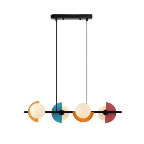 Lampa wisząca NAUTI 4xG9 Italux PND-37482-4-MLTI łączy czarną konstrukcję, mleczne szklane kule i kolorowe osłony. Model o długości 78 cm doskonale sprawdzi się nad stołem w jadalni, wyspą kuchenną lub barkiem.