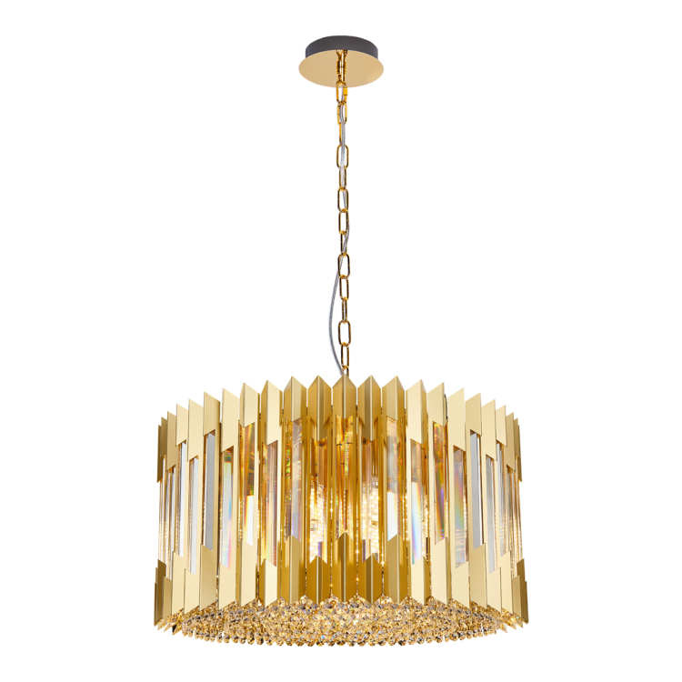 Żyrandol RITZ ML0395 Milagro w kolorze złotym zachwyca elegancką konstrukcją i kryształowym wykończeniem. Wyposażony w 12 oprawek E14 oraz regulowaną wysokość do 120 cm doskonale sprawdzi się w salonie, jadalni i reprezentacyjnym holu.