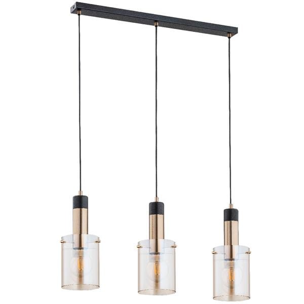 Stylowa lampa BELLA 62168 3xE27 to połączenie czarnego metalu, złotych detali i bursztynowych kloszy. Idealna nad stół, w jadalni lub salonie. Regulowana wysokość i ciepłe światło tworzą przytulną atmosferę.