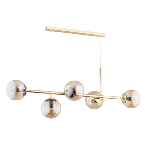 Lampa sufitowa DANSA 5xE14 Alfa 63019 zachwyca nowoczesnym wzornictwem i efektownymi złotymi kulami. Elegancka złota konstrukcja doskonale prezentuje się nad stołem w jadalni, wyspą kuchenną lub w salonie, tworząc wyjątkową dekorację wnętrza.