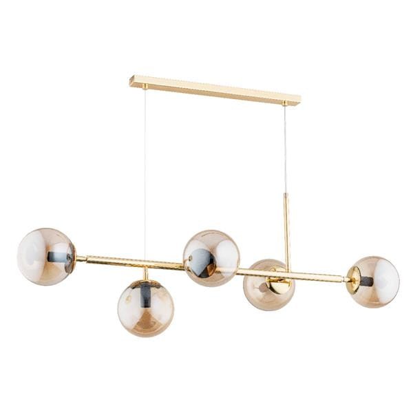 Lampa sufitowa DANSA 5xE14 Alfa 63019 zachwyca nowoczesnym wzornictwem i efektownymi złotymi kulami. Elegancka złota konstrukcja doskonale prezentuje się nad stołem w jadalni, wyspą kuchenną lub w salonie, tworząc wyjątkową dekorację wnętrza.