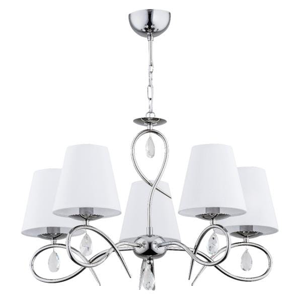 Żyrandol klasyczny SYNA 5x40W chrom z białymi abażurami to elegancka propozycja do salonu, jadalni i sypialni. Chromowana konstrukcja i tkaninowe klosze tworzą ponadczasowy styl. 5 źródeł E14 zapewnia równomierne i komfortowe oświetlenie