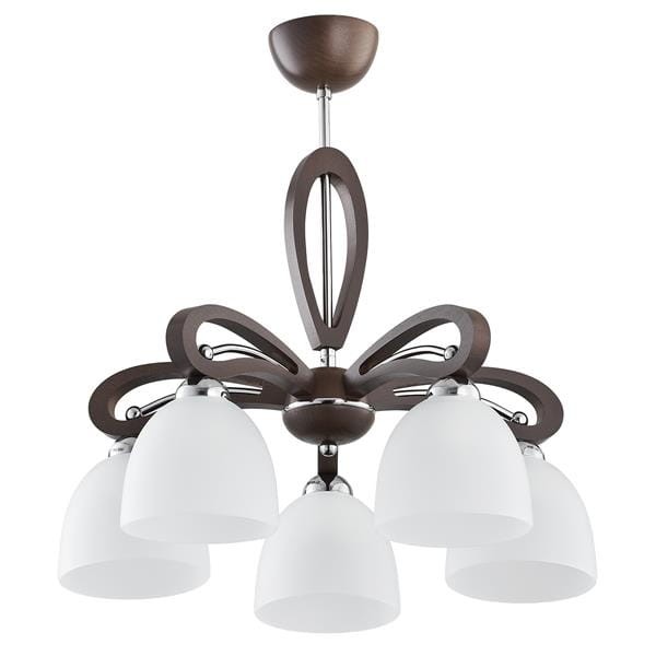 Klasyczna lampa GRACJA 20895 marki Alfa łączy naturalne drewno z białymi kloszami. Posiada 5 punktów świetlnych E27 i elegancki design w ciemnym brązie. Idealna do salonu, jadalni i wnętrz klasycznych.