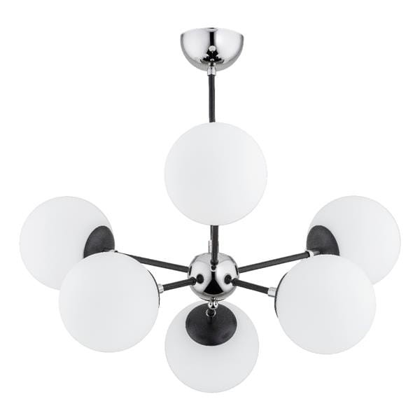 Lampa sufitowa SANDY 6x40W marki Alfa w kolorze srebrnym i czarnym z białymi kulistymi kloszami to nowoczesny żyrandol o wymiarach 56x63x63 cm. Wyposażona w 6 opraw E14 i funkcję zapalania części lub wszystkich żarówek, doskonale oświetli salon i jadalnię