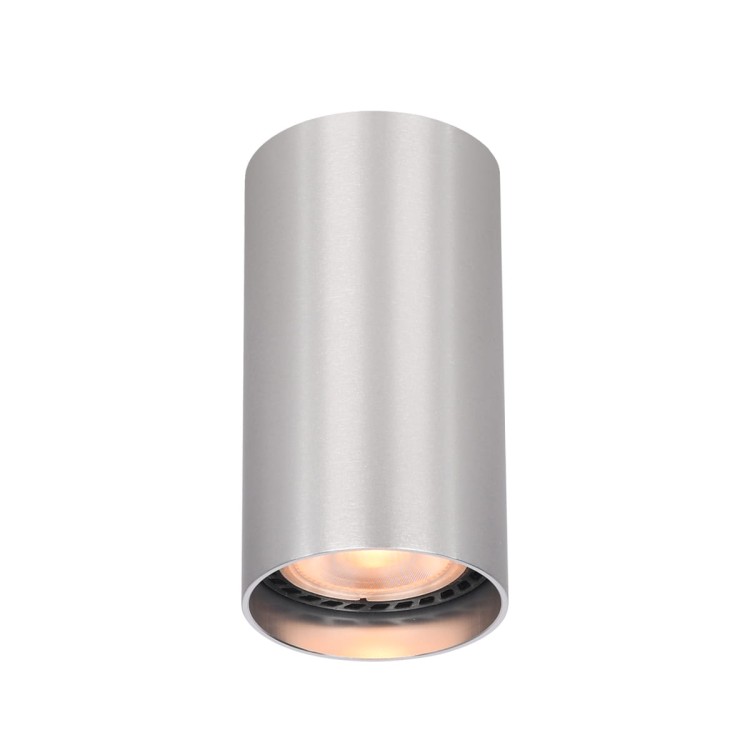 Nowoczesna oprawa natynkowa Italux LOPUS w kolorze aluminium, cylindryczna tuba o średnicy 5,4 cm i wysokości 10 cm, wykonana z aluminium i stali, na żarówkę GU10 LED 10W max.
