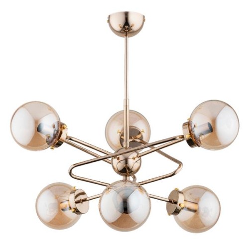 Lampa sufitowa RITO 6xE14 Alfa 63042 łączy złotą konstrukcję z sześcioma bursztynowymi kloszami. Geometryczna forma o wymiarach 60 × 60 × 58 cm efektownie ozdobi salon, jadalnię, sypialnię lub wnętrze modern classic.