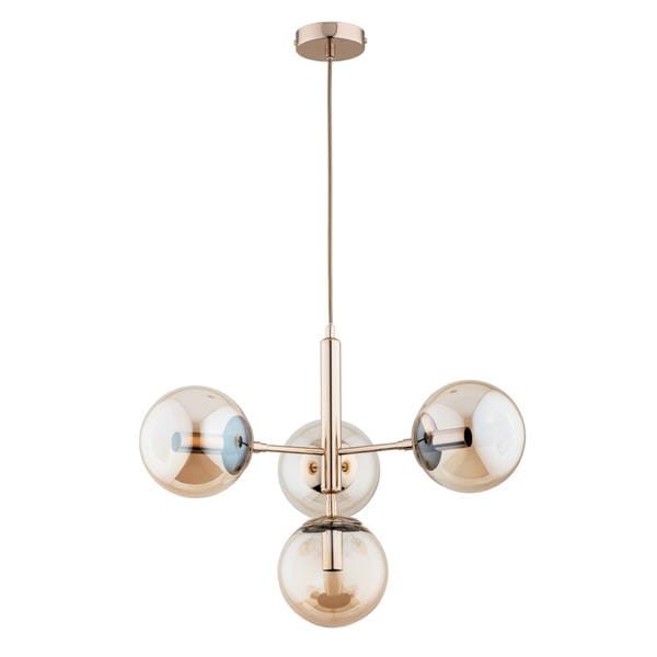 Lampa sufitowa VOLDA PICOLO 4xE14 Alfa 63074 ze złotą armaturą i bursztynowymi kulami. Eleganckie oświetlenie nad stół, do salonu i jadalni.