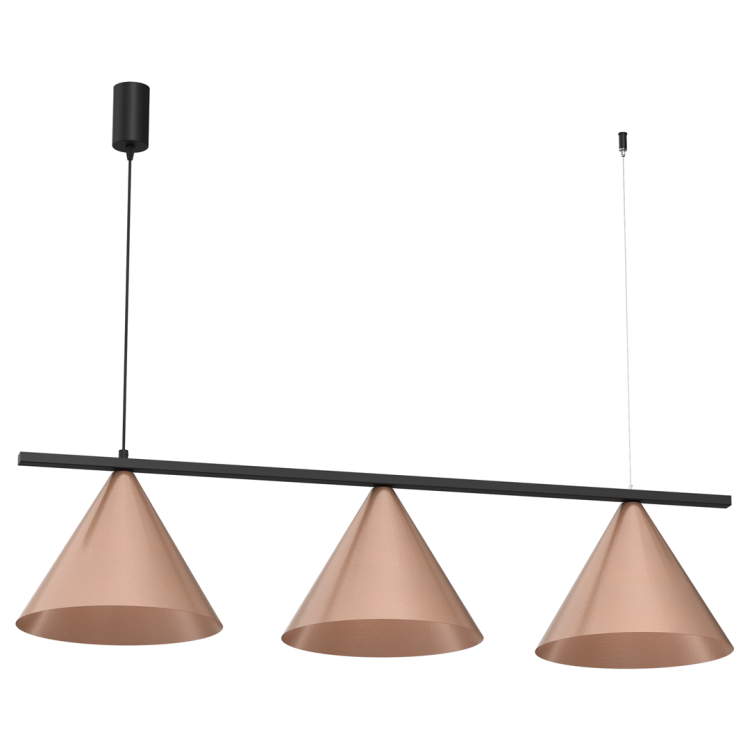 Stylowa lampa sufitowa z trzema stożkowymi kloszami w kolorze miedzi. Nowoczesne oświetlenie na czarnej listwie idealne nad stół jadalniany lub wyspę kuchenną. Połączenie elegancji i minimalistycznego designu do nowoczesnych wnętrz