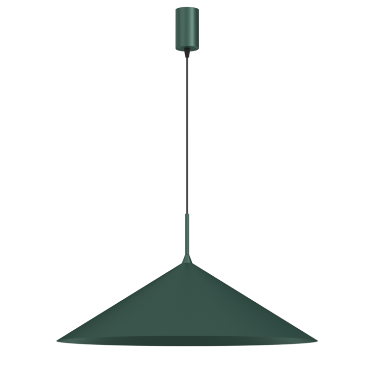 Lampa wisząca CAPITAL 1xGX53 w kolorze butelkowej zieleni to nowoczesne oświetlenie o imponującej średnicy 60 cm. Metalowy stożkowy klosz i regulowana wysokość sprawiają, że lampa doskonale pasuje nad stół, wyspę kuchenną lub do salonu.