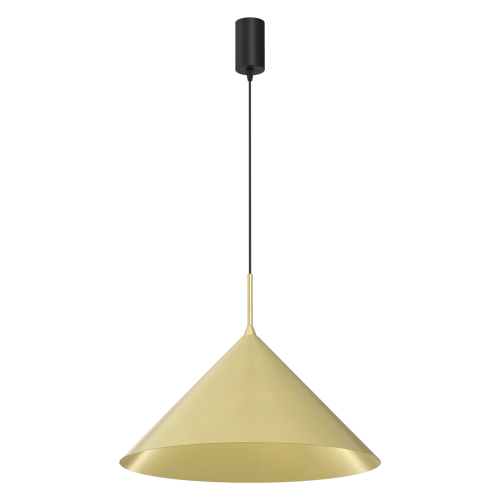 Lampa wisząca CAPITAL MLP0951 w złotym kolorze zachwyca minimalistycznym designem i eleganckim wykończeniem. Stożkowy klosz o średnicy 46 cm doskonale sprawdzi się nad stołem, wyspą kuchenną oraz w nowoczesnych restauracjach i kawiarniach.