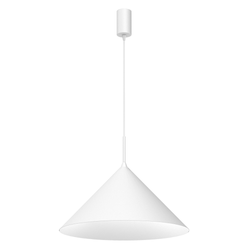 Lampa wisząca CAPITAL MLP0953 zachwyca minimalistycznym designem i eleganckim białym wykończeniem. Duży stożkowy klosz o średnicy 46 cm doskonale sprawdzi się nad stołem, wyspą kuchenną lub blatem, tworząc przytulną atmosferę we wnętrzu
