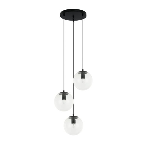 Nowoczesna lampa Sarpo Italux 3xE27 zachwyca minimalistycznym designem i szklanymi kloszami. Idealna nad stół, wyspę kuchenną lub do salonu. Czarna oprawa i transparentne kule dodają wnętrzu elegancji i lekkości.